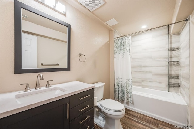 full bathroom featuring toilet, vanity, shower / bath combo, and hardwood / wood-style flooring