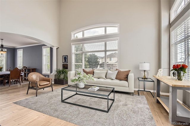 7866 Witney Pl, Lone Tree, CO 80124 - living room with arched walkways, a towering ceiling, ornate columns, wood finished floors, and ornamental molding