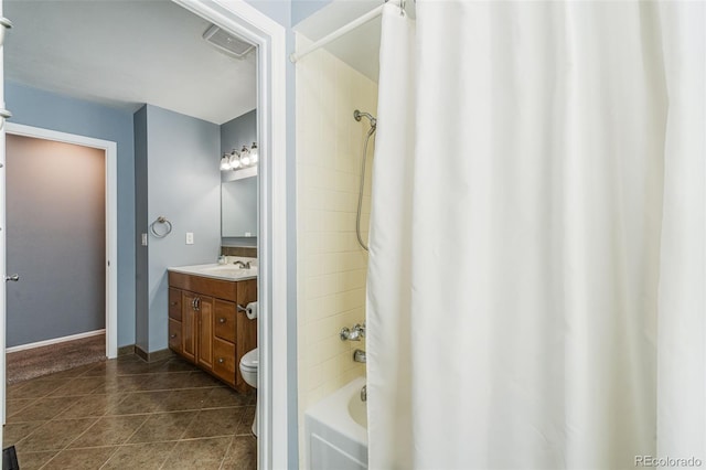 full bathroom with tile patterned flooring, shower / tub combo, vanity, and toilet