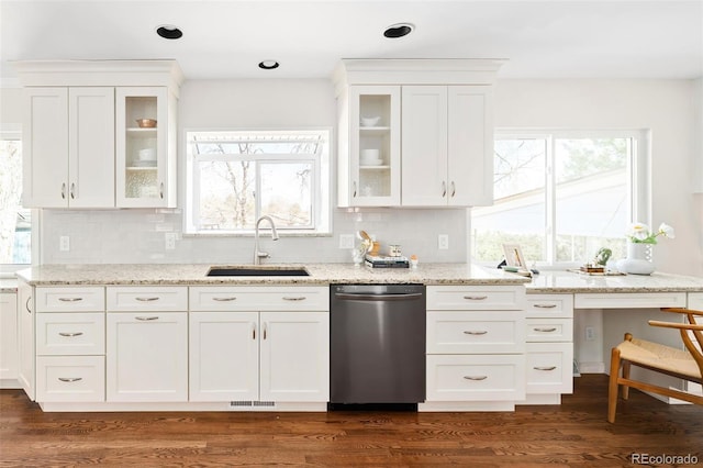 kitchen with white cabinets, visible vents, dishwasher, and a sink