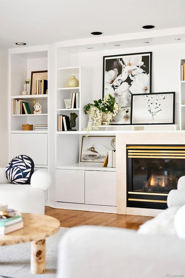 sitting room with wood finished floors and a glass covered fireplace