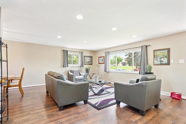 13266 Canopus Dr, Lone Tree, CO 80124 - living room featuring baseboards, plenty of natural light, recessed lighting, and dark wood finished floors