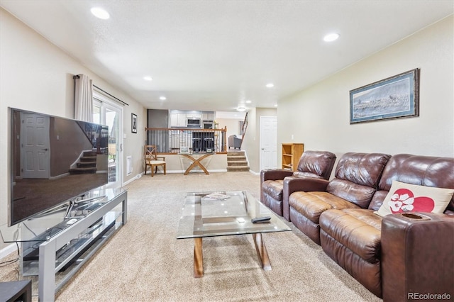 13266 Canopus Dr, Lone Tree, CO 80124 - carpeted living room featuring stairway, recessed lighting, and baseboards