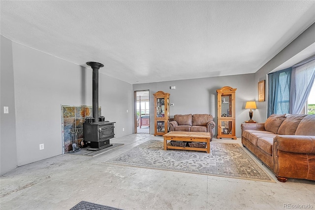21494 Way Of Peace, Deer Trail, CO 80105 - living area featuring a wood stove and a textured ceiling