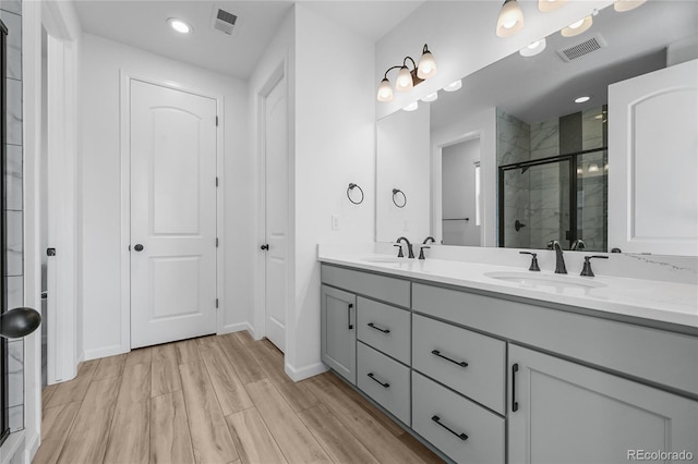 bathroom featuring a shower stall, visible vents, and a sink