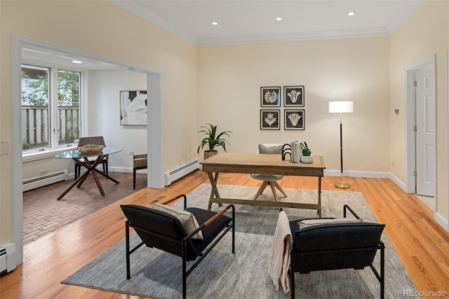 home office featuring a baseboard radiator, crown molding, light wood-style floors, baseboards, and recessed lighting