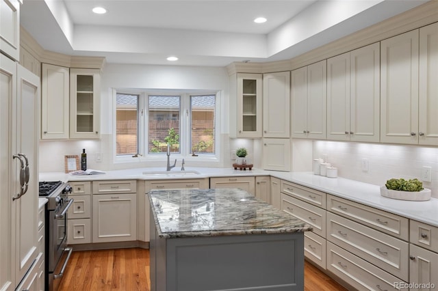 kitchen featuring a sink, stainless steel gas stove, light wood-style floors, backsplash, and recessed lighting