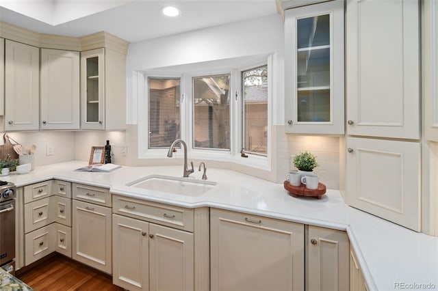 kitchen with a sink, light countertops, backsplash, glass insert cabinets, and recessed lighting