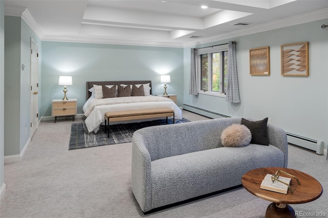 carpeted bedroom featuring a baseboard heating unit, a tray ceiling, crown molding, baseboards, and recessed lighting