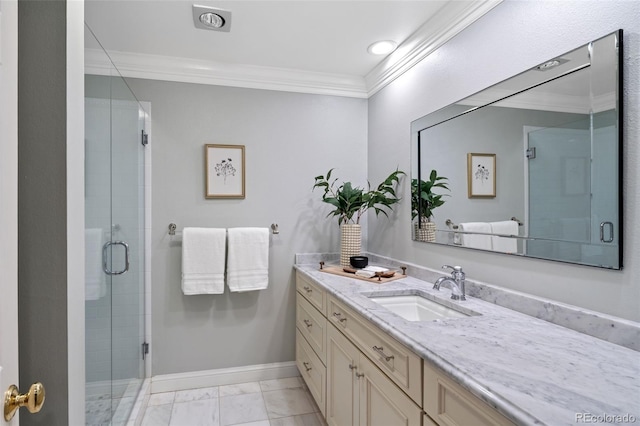full bathroom with crown molding, a shower stall, vanity, baseboards, and marble look tile flooring