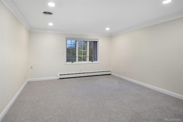 carpeted empty room with a baseboard radiator, crown molding, recessed lighting, and baseboards