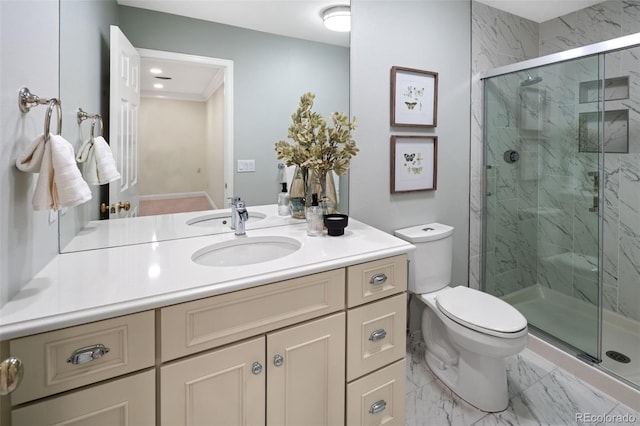bathroom featuring a marble finish shower, toilet, vanity, and marble finish flooring