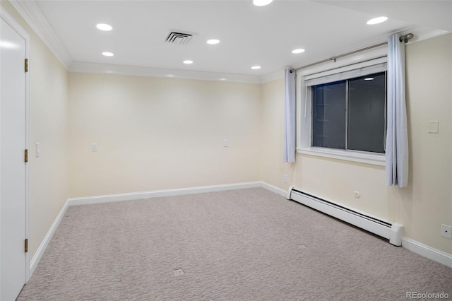 empty room with a baseboard radiator, crown molding, baseboards, carpet flooring, and recessed lighting