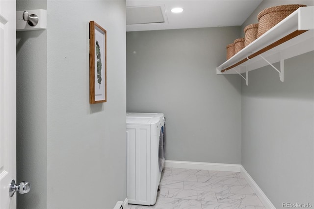 clothes washing area with marble finish floors, washing machine and dryer, attic access, baseboards, and recessed lighting