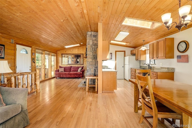 142 Summit Way, Bailey, CO 80421 - kitchen featuring open floor plan, vaulted ceiling, wooden ceiling, light wood finished floors, and light countertops