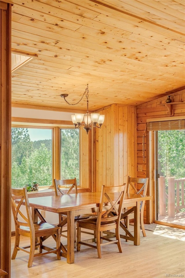 142 Summit Way, Bailey, CO 80421 - dining space with wooden ceiling, wooden walls, light wood-style flooring, and a chandelier