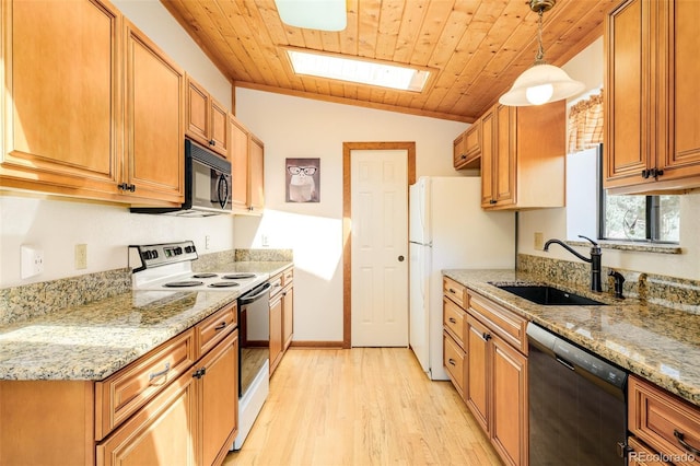 142 Summit Way, Bailey, CO 80421 - kitchen with black appliances, light wood-style flooring, a skylight, light stone counters, and wooden ceiling