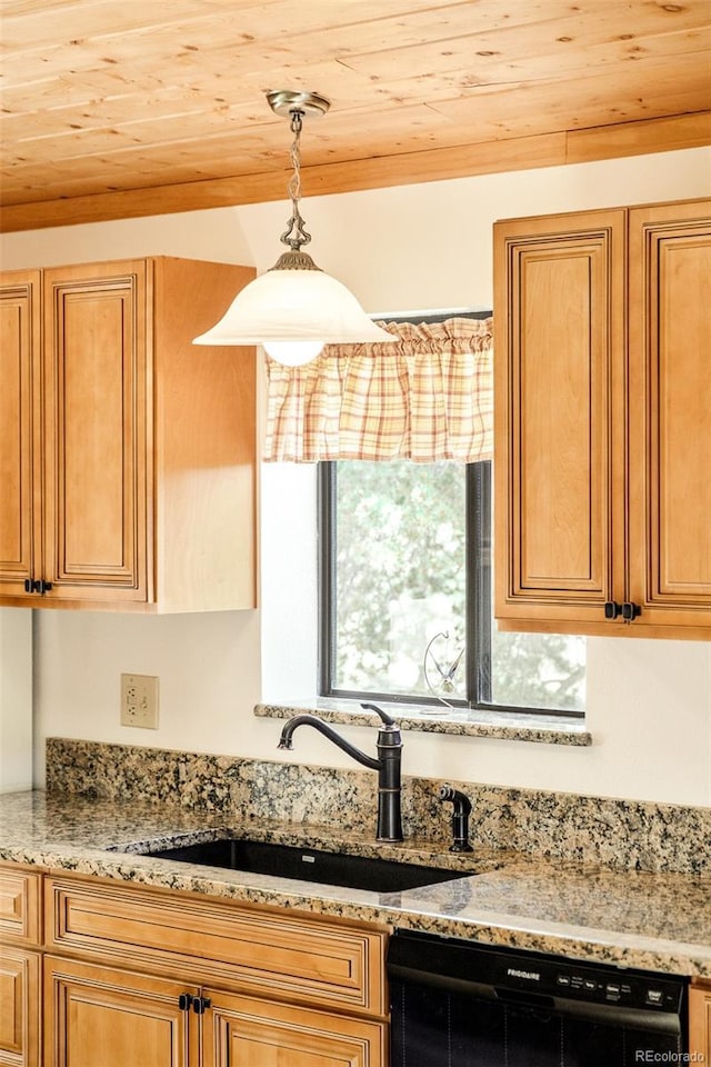 142 Summit Way, Bailey, CO 80421 - kitchen with dishwasher, wooden ceiling, light stone counters, and decorative light fixtures
