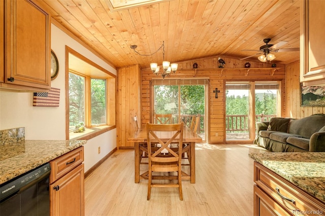 142 Summit Way, Bailey, CO 80421 - dining area featuring wood ceiling, vaulted ceiling, light wood-style flooring, wood walls, and healthy amount of natural light