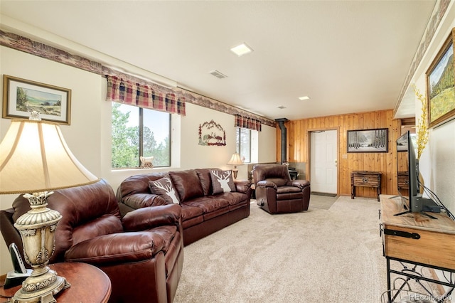 142 Summit Way, Bailey, CO 80421 - carpeted living room with wood walls and a wood stove
