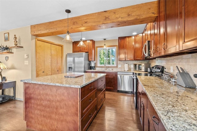 381 Highlands Dr, Bailey, CO 80421 - kitchen featuring stainless steel appliances, backsplash, and dark wood-type flooring