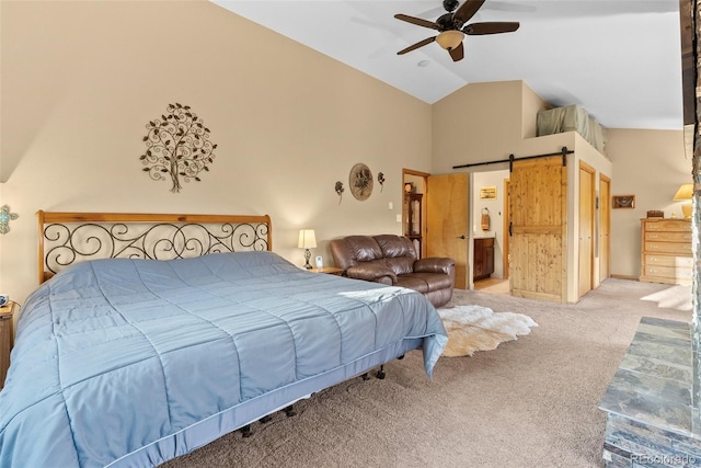 381 Highlands Dr, Bailey, CO 80421 - bedroom featuring ceiling fan, a barn door, carpet, and high vaulted ceiling