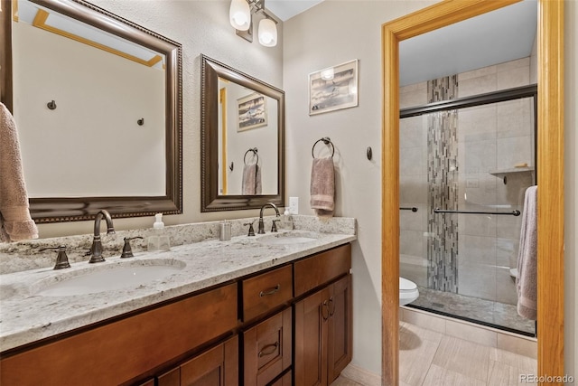 381 Highlands Dr, Bailey, CO 80421 - bathroom featuring a shower stall, toilet, double vanity, and a sink