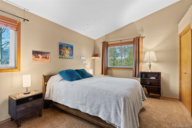 381 Highlands Dr, Bailey, CO 80421 - bedroom with lofted ceiling, baseboards, and carpet