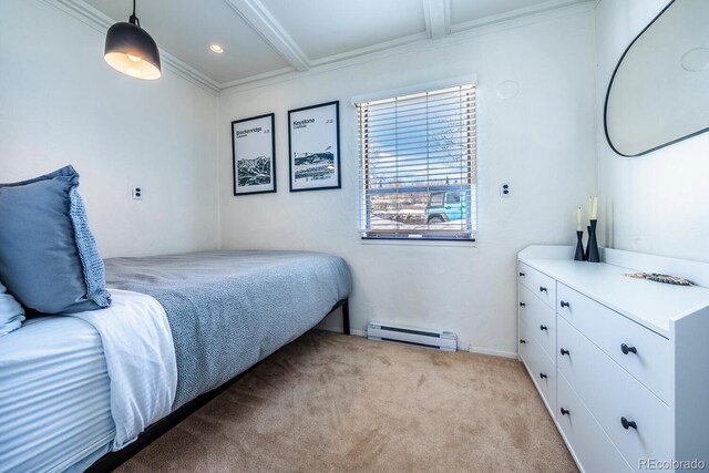 carpeted bedroom featuring crown molding, baseboards, baseboard heating, and beam ceiling