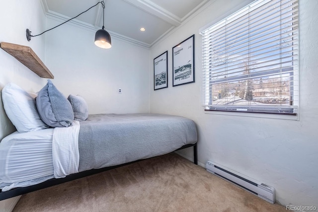 bedroom with crown molding, carpet, and a baseboard heating unit