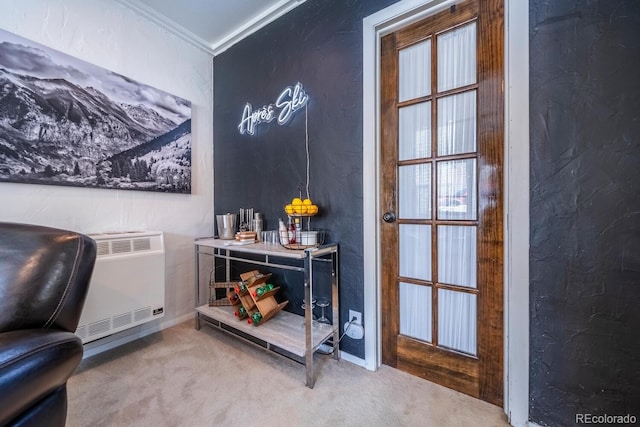 bar with heating unit, carpet flooring, baseboards, and a textured wall
