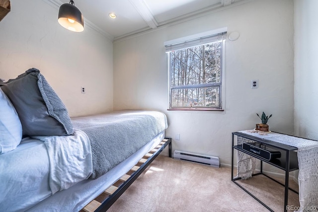 carpeted bedroom featuring crown molding, beam ceiling, and a baseboard radiator