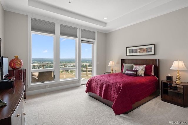 bedroom featuring light carpet, multiple windows, a raised ceiling, and ornamental molding