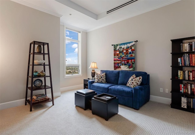 carpeted living room with crown molding