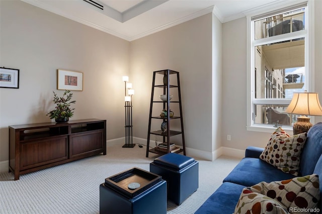 carpeted living room featuring crown molding