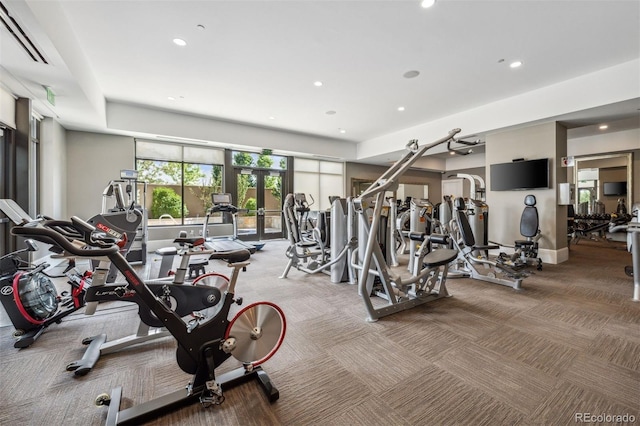 exercise room featuring carpet flooring