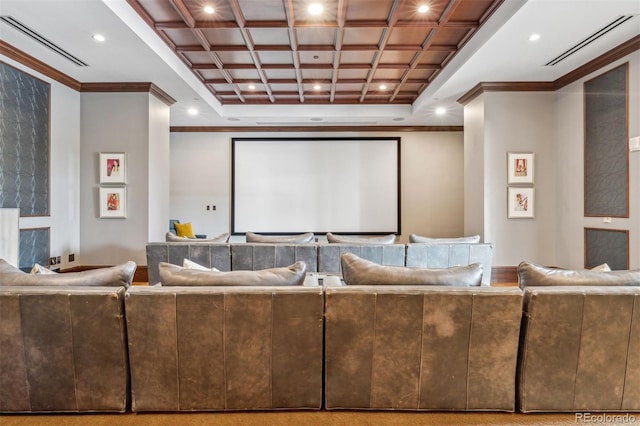 home theater room featuring ornamental molding and coffered ceiling