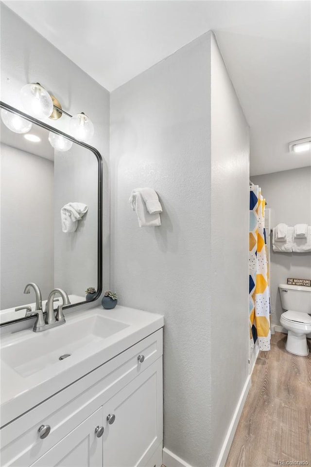 370 E Ln Bonte St Unit 502, Dillon, CO 80435 - full bathroom featuring wood finished floors, baseboards, toilet, vanity, and curtained shower