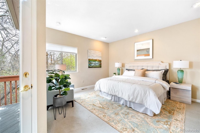 bedroom with recessed lighting, carpet flooring, and baseboards