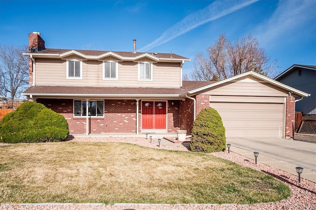 traditional home with a front yard, an attached garage, a shingled roof, a chimney, and concrete driveway