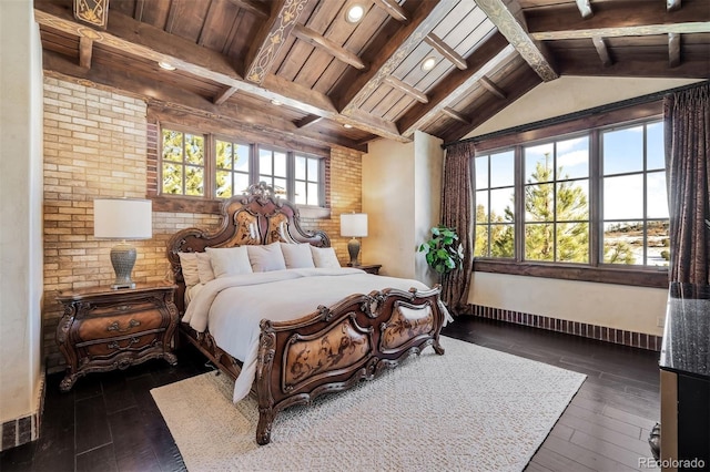 bedroom with dark wood-type flooring, wooden ceiling, and multiple windows