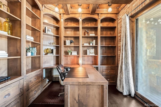 unfurnished office with wooden ceiling, dark hardwood / wood-style floors, beamed ceiling, and built in desk