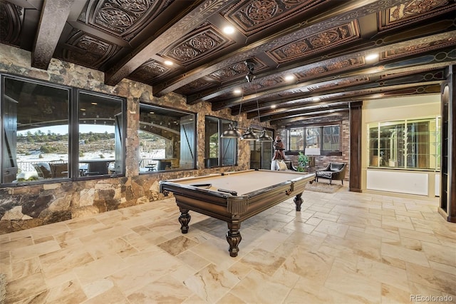 game room featuring a healthy amount of sunlight, beamed ceiling, and pool table