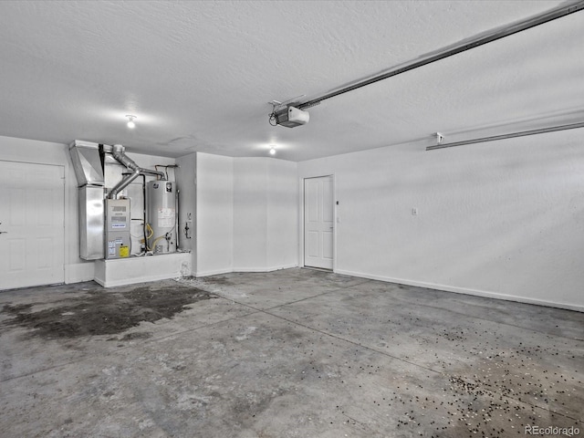 garage featuring water heater, baseboards, a garage door opener, and heating unit