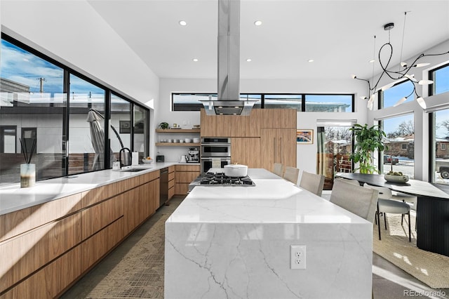 kitchen with open shelves, a sink, appliances with stainless steel finishes, modern cabinets, and a center island