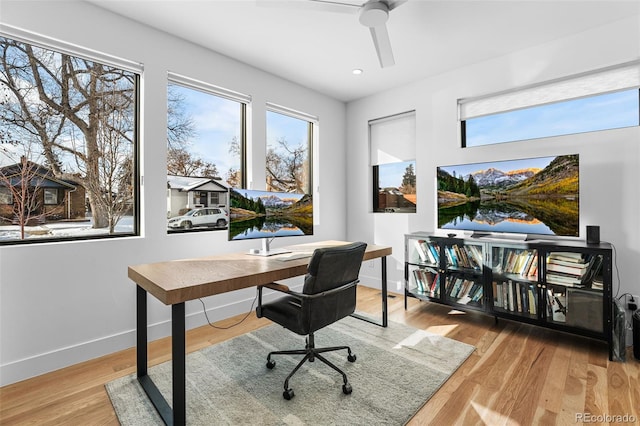 office area featuring recessed lighting, baseboards, wood finished floors, and a ceiling fan