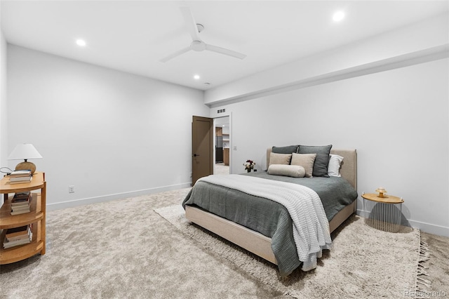 carpeted bedroom featuring recessed lighting, baseboards, and ceiling fan