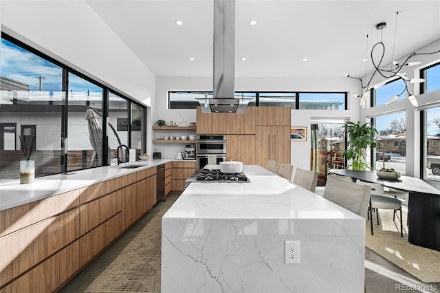 kitchen with a center island, modern cabinets, a sink, open shelves, and stainless steel appliances