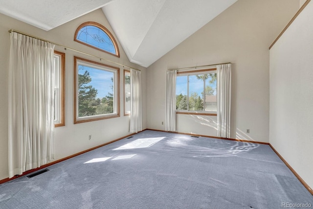 carpeted empty room with a textured ceiling, high vaulted ceiling, and a wealth of natural light