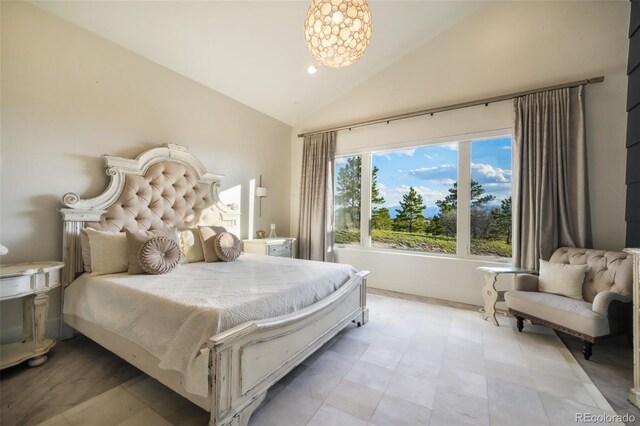 3585 Meadow Run Cir, Colorado Springs, CO 80908 - bedroom featuring a chandelier and high vaulted ceiling